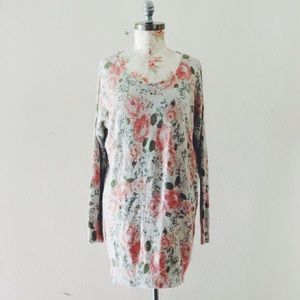 Long Sleeve Muted Floral Print Long Sweater/tunic