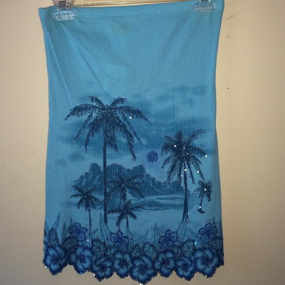 Vanity blue tropical beaded sparkle tube top