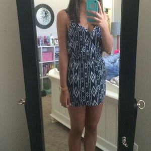 navy blue and white tribal print romper