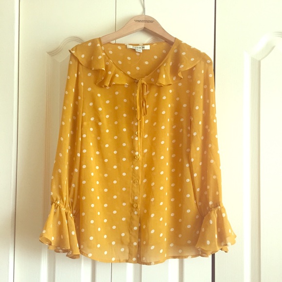 Forever 21 Tops - Mustard Yellow Polkadot Long Sleeve Chiffon Top