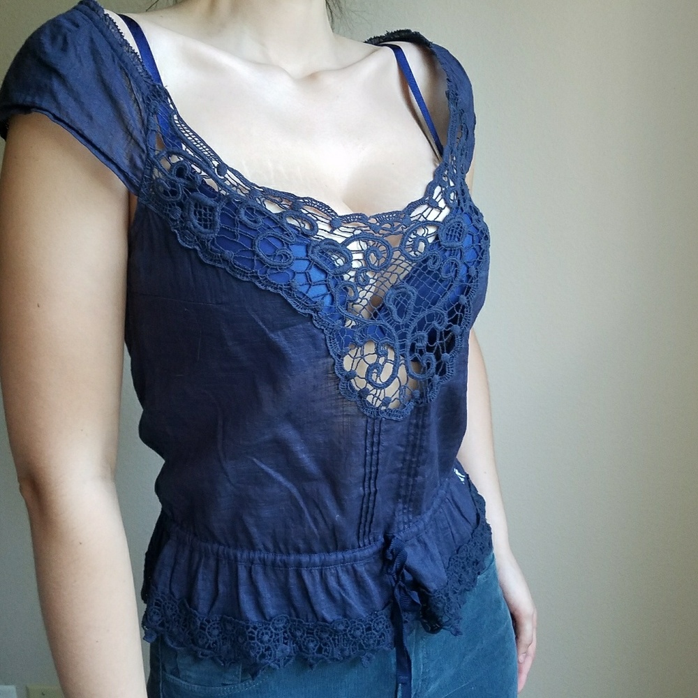 Navy Crochet Detail Cinch Waist Top - Picture 2 of 5