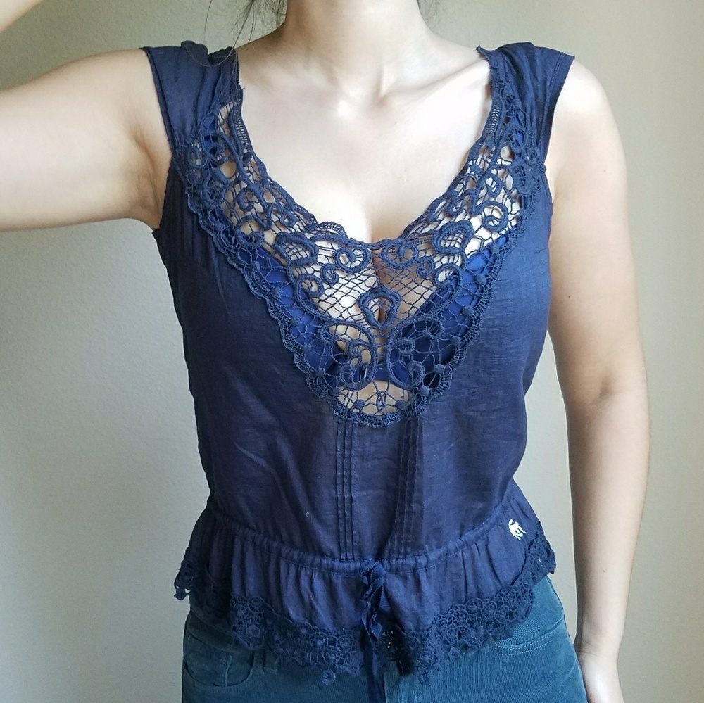 Navy Crochet Detail Cinch Waist Top - Picture 3 of 5
