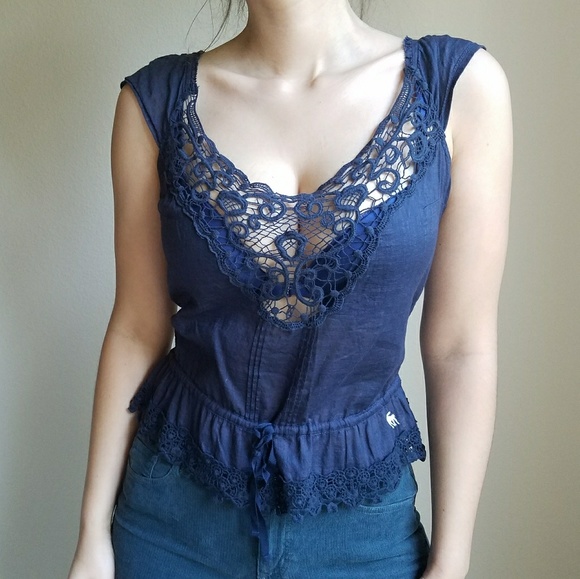 Navy Crochet Detail Cinch Waist Top - Picture 4 of 5