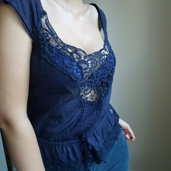 Navy Crochet Detail Cinch Waist Top - Picture 5 of 5