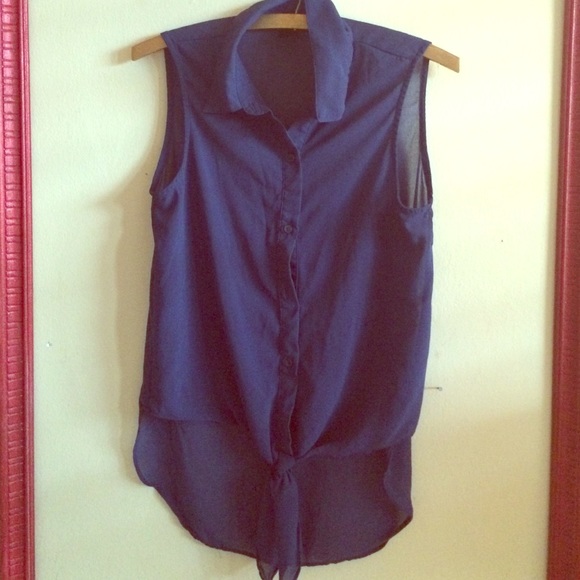sheer navy blue front tie shirt