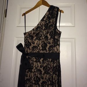 Betsy & Adam one-shoulder lace evening gown