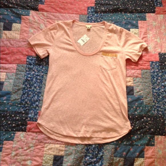 Pink J. Crew tee shirt with gold seed bead pocket