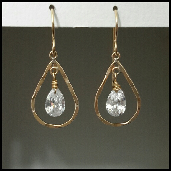✨ CZ Teardrop Earrings | Gold-Filled Hammered Hoop | Elegant & Lightweight