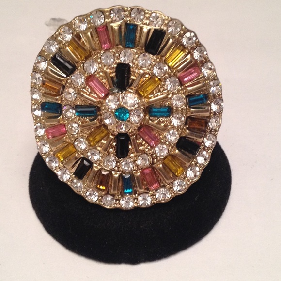 Multicolor Pastel Rhinestone Gold Shield Ring