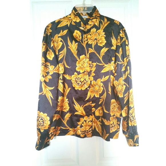 navy & gold flora print blouse