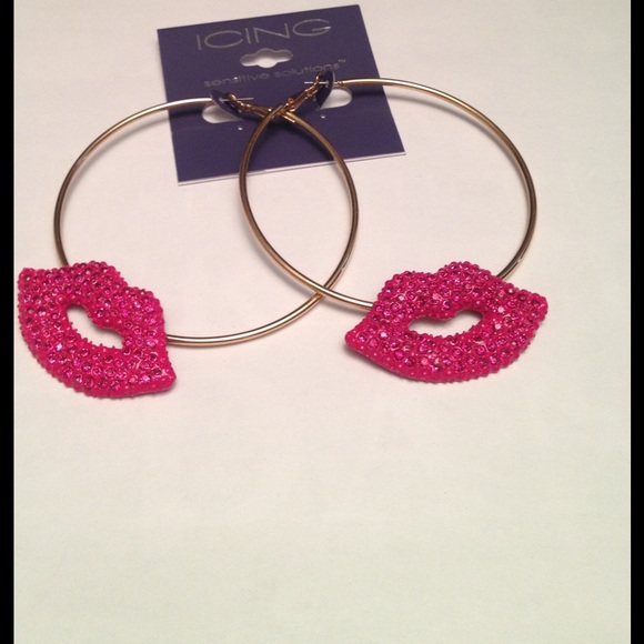 Pink Rhinestone Lips Hoop Earrings