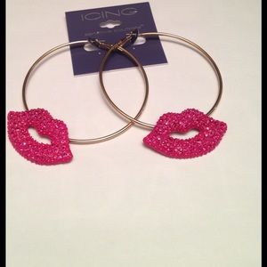 Pink Rhinestone Lips Hoop Earrings