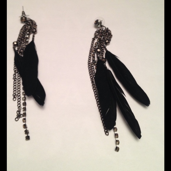 Black Feather and Rhinestone Strands Earrings