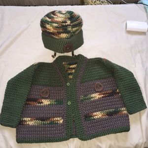 This is a homemade crochet set for a boy.