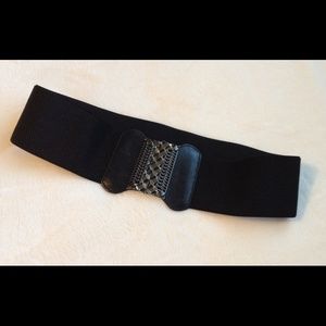 Black leather, metal and elastic belt