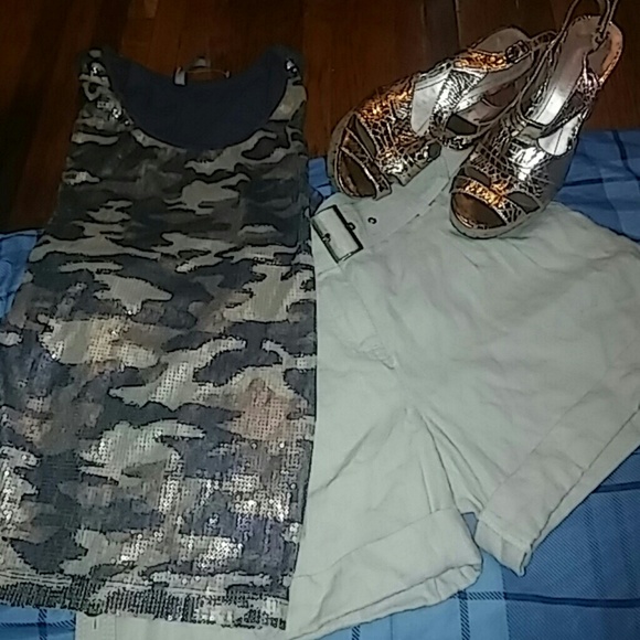 Ann Taylor Other - Lot of 3 ! Cuffed Khaki Shorts, Top & Wedges