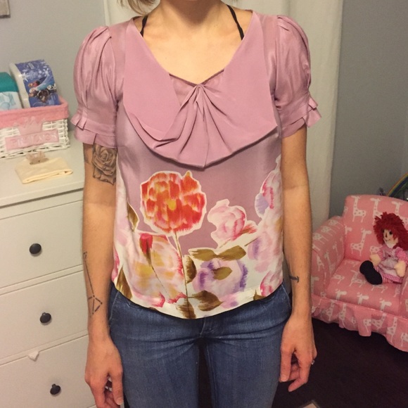 Anthropologie 100% silk blouse bow front SZ 0