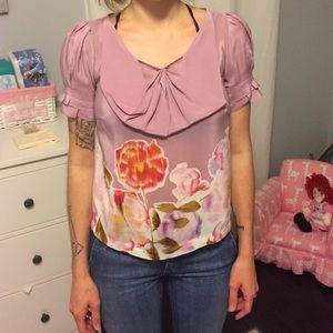 Anthropologie 100% silk blouse bow front SZ 0