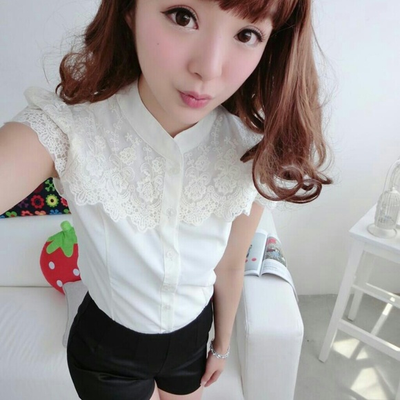 Lace panel mandarin collar shirt