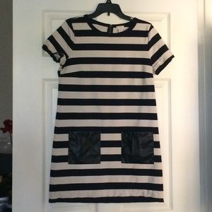 J. Crew navy and cream striped pocket dress.