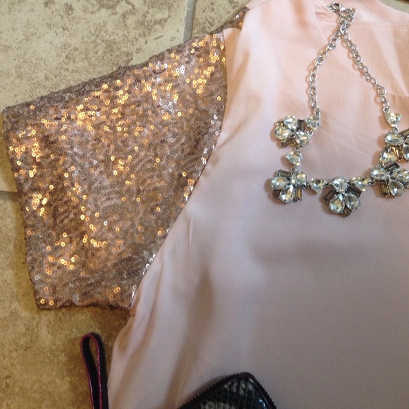 Francesca's Collections Tops - Light pink chiffon top w/ Rose Gold sequin Sleeves