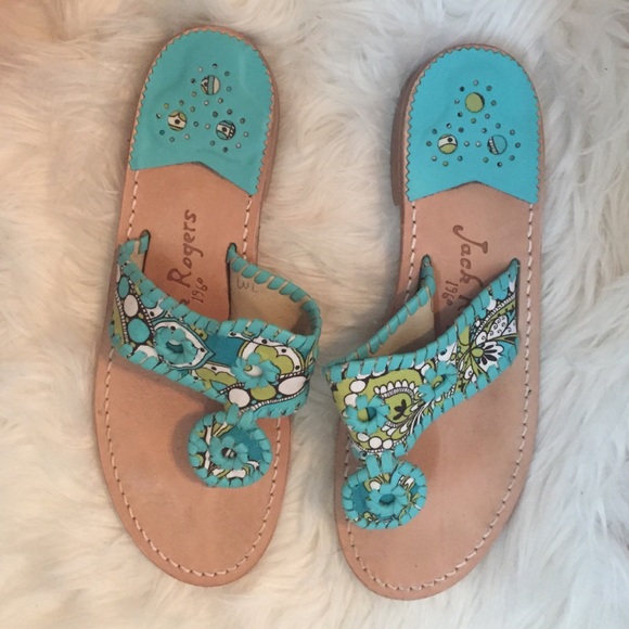 NIB NEW JACK ROGERS Peacock Lime Printed NAVAJO Flip Flop Sandals Sz 5 5.5