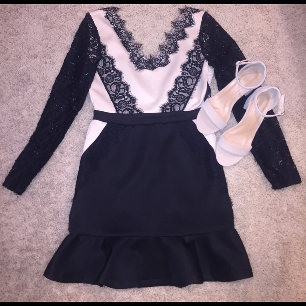 Black and white eyelash lace backless dress - Picture 2 of 7