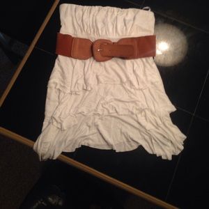 White strapless ruffle top with brown leather belt