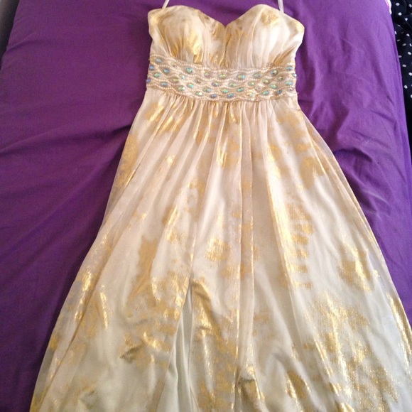 Camille la vie beige & gold colored prom dress