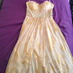 Camille la vie beige & gold colored prom dress