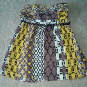 Strapless Yellow & Brown Mixed Tribal Print Dress