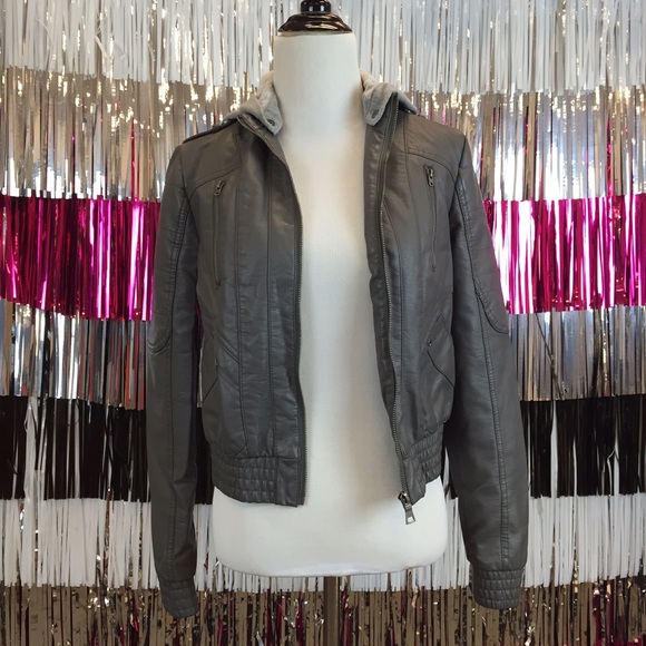 Faux grey leather hooded jacket