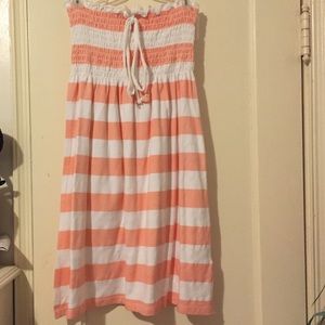 Strapless peach and white striped cotton dress