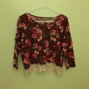 Maroon/burgundy colored, 3/4 length floral shirt