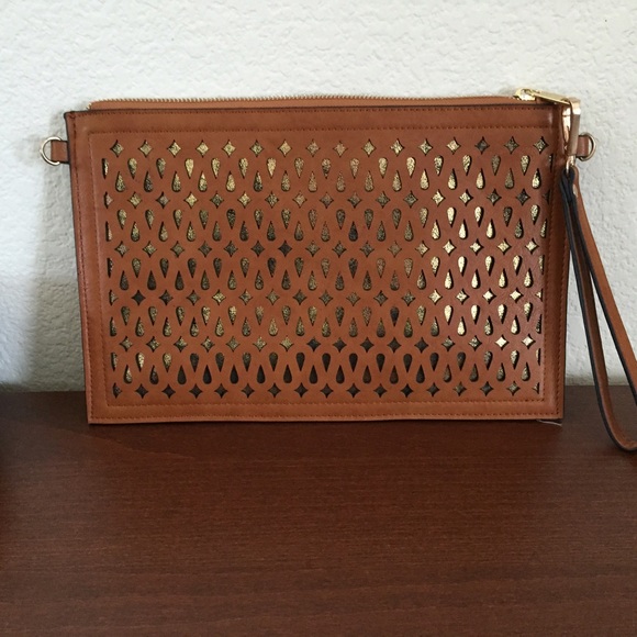 Tan brown & gold laser cut clutch