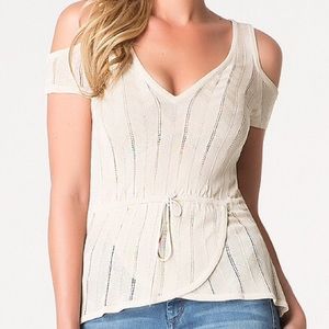 BEBE Wrap Hem Cold Shoulder Sweater Top in Sand