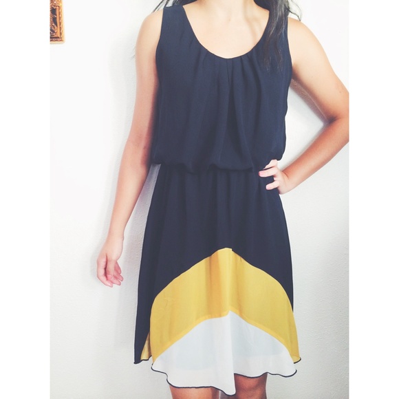 Yellow, white, and navy blue color block dress