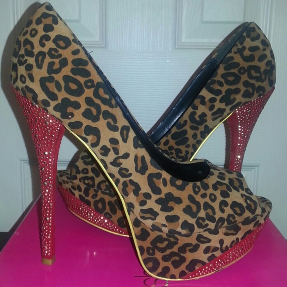 Leopard open toe studded 6 inch pumps