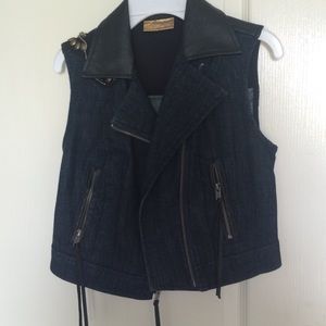 Bejeweled denim/ leather vest