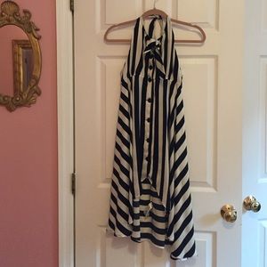 Navy Blue & Cream Striped High Low Dress