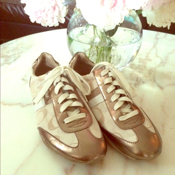 Coach Shoes - Coach Bronze and Tan Signature Print Sneakers