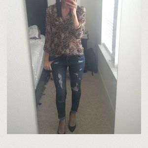 Sheer leopard button up blouse w/ roll up sleeves