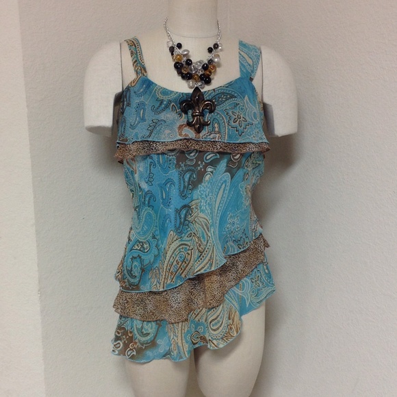 Turquoise brown ruffle tiered top