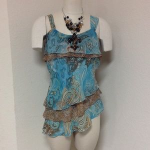 Turquoise brown ruffle tiered top