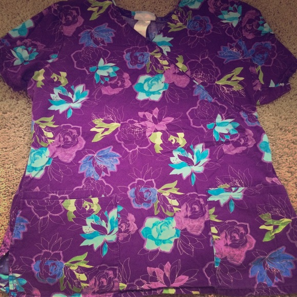Purple floral scrub top