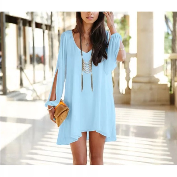None Dresses & Skirts - 🆕blue/chiffon/v neck/long sleeve top/mini dress
