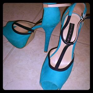Teal and navy T strap platform