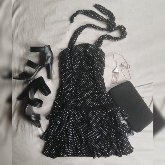 Retro Black Halter Dress with White Polka Dots 🐼
