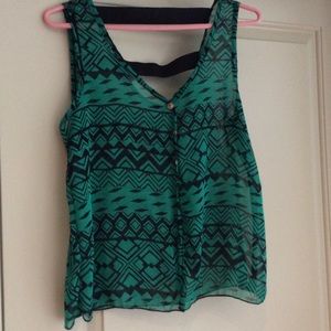 Green and black Aztec print sheer tank