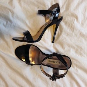 Patent black ankle strap stiletto heels